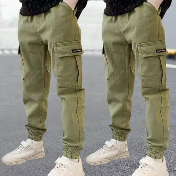 Xdegoge Boys Cargo Pants 2Pc Elastic Waist Drawstring Cargo Pants with Pockets Teens Ankle Loose Fit Cargo Pants Outdoor Joggers Cargo Pants Green 6-8 Pantalones Cargo Para Niños