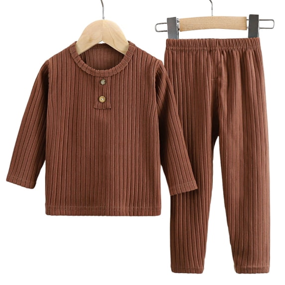 Xdegoge Boys Casual Ribbed Knit 2 Piece Clothes Set Long Sleeve Button Down Henley Top and Mid Rise Straight Pants Outfits Comfy Basic School Playwear