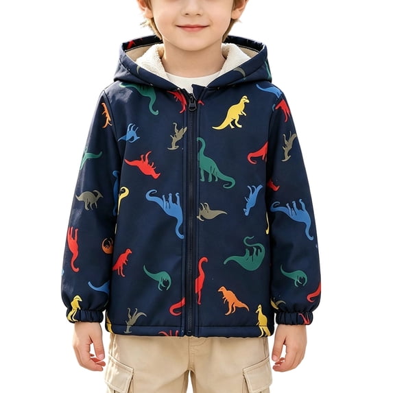 Xdegoge Boys Dinosaur Fleece Lined Jacket Winter Warm Hooded Coat Zip Up Windbreaker Outerwear for Kids Fall Cold Weather, Size 6