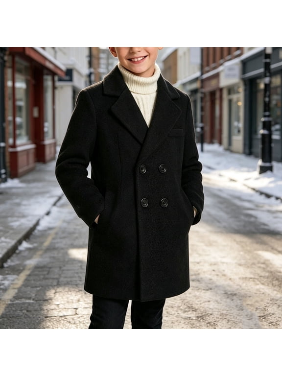 Boys Double Breasted Peacoat Classic Lapel Winter Warm Dress Coat formal Outerwear Thick Trench Jacket with Pockets for Kids Wedding School Holiday