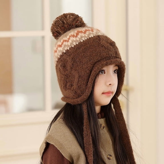 Xdegoge Boys Girls Beanie Hat Winter Warm Knitted Fleece Cute Earflap Snow Hats with Pompom Thicken Chunky Thermal Kids Caps for Cold Weather Outdoor Active