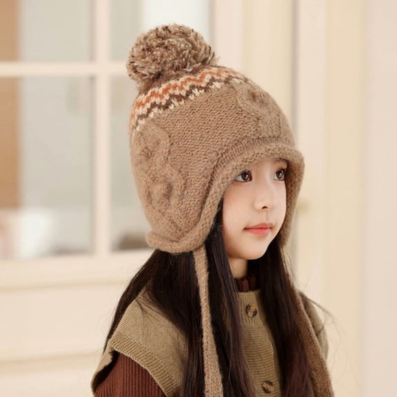 Xdegoge Boys Girls Beanie Hat Winter Warm Knitted Fleece Cute Earflap Snow Hats with Pompom Thicken Chunky Thermal Kids Caps for Cold Weather Outdoor Active