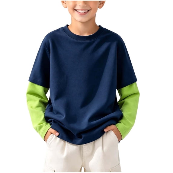 Xdegoge Boys Girls Crewneck Sweatshirts Long Sleeve Layered Look Color Block Pullover Tops Casual Fall Comfy Athletic Activewear 3-15 Years Green 14-15 Years