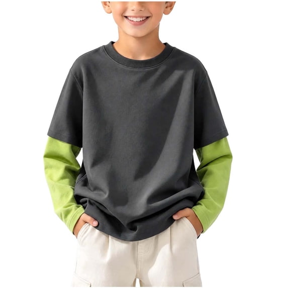 Xdegoge Boys Girls Crewneck Sweatshirts Long Sleeve Layered Look Color Block Pullover Tops Casual Fall Comfy Athletic Activewear 3-15 Years Khaki 9-10 Years