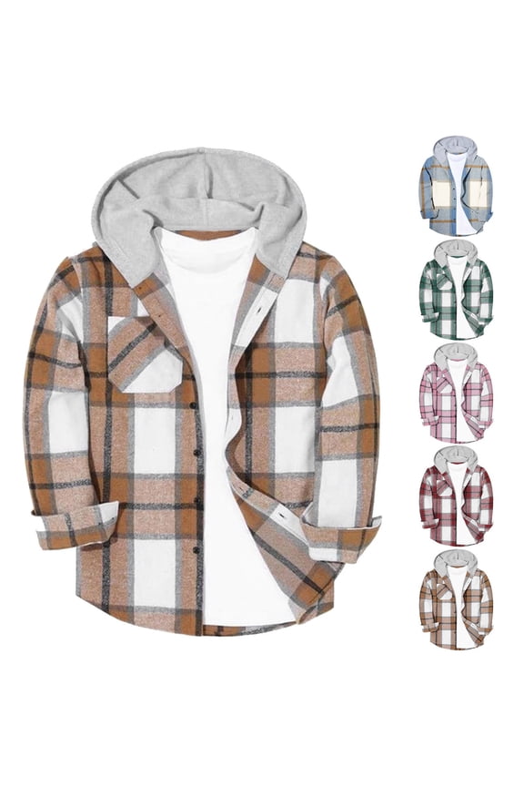 Boys Girls Flannel Jacket Fashion Plaid Jackets Long Sleeve Button Up Hooded Shacket Trendy Casual Lightweight Coat Cozy Outdoor Sports Coats with Pockets Size 6-15