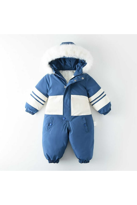 Boys Girls Snowsuit One Piece Waterproof Windproof Insulated Color Block Zipper Kids Snow Suits Furry Hooded Fleece Lined Winter Warm Cute Jumpsuit Outdoor 12 Months