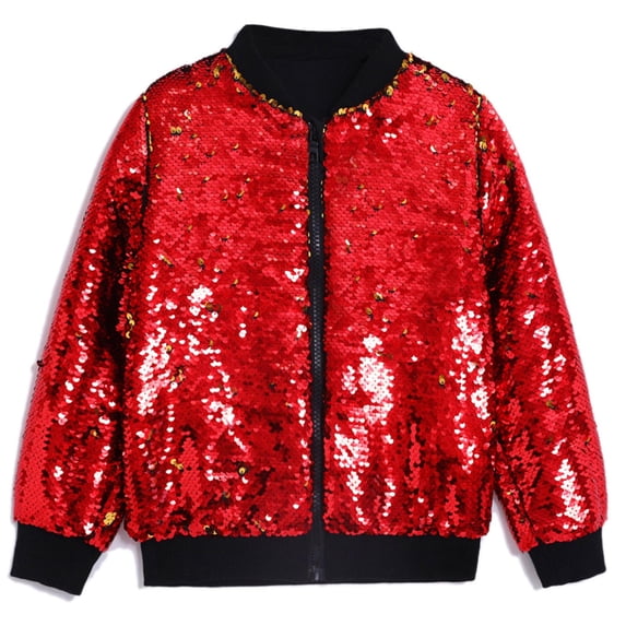 Xdegoge Boys Girls Sparkly Sequin Jacket Long Sleeve Zipper Bomber Outerwear Shiny Glitter Party Ribbed Collar Cuffs Dance Performance Holiday Casual Coat