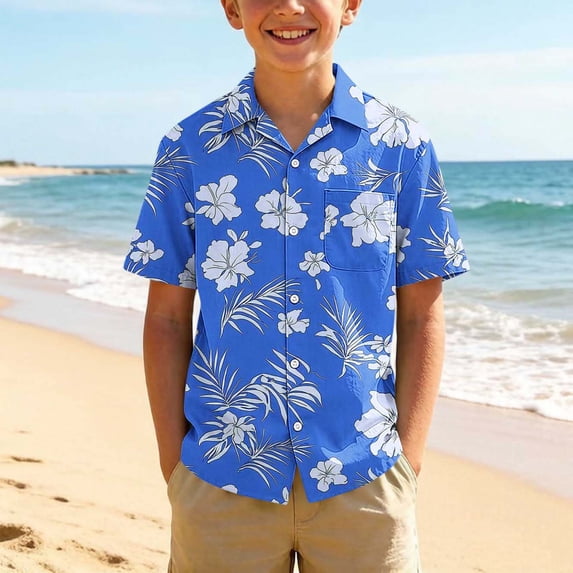 Xdegoge Boys Hawaiian Floral Printed Shirts Tropical Button Up Short Sleeve Tops Casual Holiday Beach Summer Tees