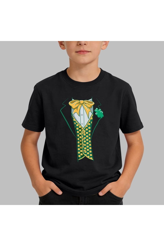 Boys Kids St. Patrick's Day T-Shirt Irish Suit Design with Bowtie and Shamrock Festive Costume Top for Toddlers Babies Kids Tweens Teens 1-12Y