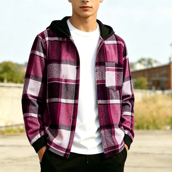 Xdegoge Boys Plaid Flannel Jacket with Hood Kids Casual Button Down Long Sleeve Shacket Coat Teen Lightweight Fall Winter Outerwear with Pockets Daily Wear Streetwear