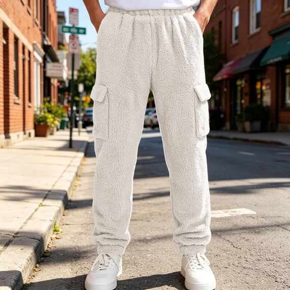 Xdegoge Boys Sherpa Fleece Cargo Pants Fuzzy Warm Joggers with Side Pockets Elastic Waist Winter Heavyweight Lounge Track Pants