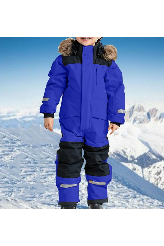 Boys Snowsuit Girls Snow Suits One Piece Winter Windproof Waterproof Insulated Kids Snowsuits Thicken Outdoor Loose Fit Warm Furry Hooded Overalls for Snowboarding Skiing 80