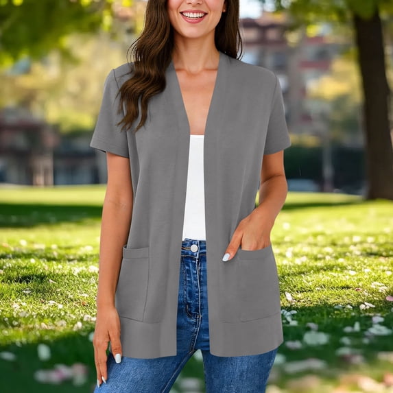 Xdegoge Business Casual Tops for Women Open Front Loose Fit Layering Tops Short Sleeve Work Tops Solid with Pockets office Professional Wear