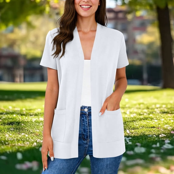 Xdegoge Business Casual Tops for Women Open Front Loose Fit Layering Tops Short Sleeve Work Tops Solid with Pockets office Professional Wear