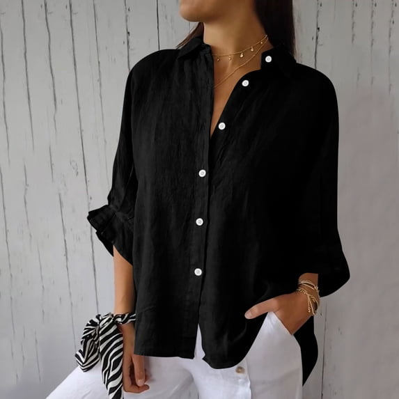 Xdegoge Button Down Shirts for Women Collared V Neck Long Rolled Sleeve Casual office Work Wear Slouchy Fit Solid Lightweight Spring Summer Tops