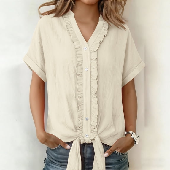 Xdegoge Button Down Shirts for Women V Neck Short Sleeve Casual Workwear Loose Fit Ruffle Trim Solid Pattern Lightweight Flowy Summer Spring Tops