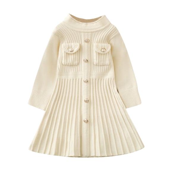 Xdegoge Button Front Knit Dress for Girls Ribbed Long Sleeve Pullover Dresses with Pockets Fall Winter Formal Wear Kids Outfit