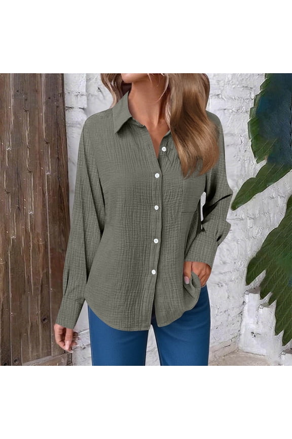 Button Down Shirt for Women Lapel Collar Long Sleeve Work office Professional Loose Fit Solid Textured Fabric Lightweight Flowy Summer Spring Tops Casual Blouse