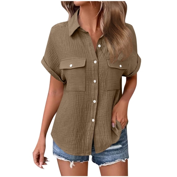 Xdegoge Button Down Shirt for Women Lapel Collar Short Sleeve Work office Casual Loose Fit Dual Pocket Detail Textured Fabric Lightweight Flowy Summer Spring Tops Soft Blouse