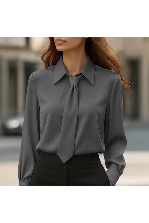 Button Down Shirt for Women Lapel Neck Long Sleeve Business Casual Slim Fit Matching Necktie Design Solid Silk Feel Fabric Professional Work Career Blouse Tops