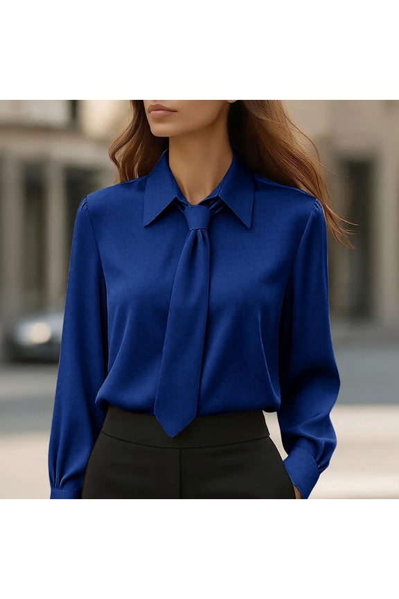 Button Down Shirt for Women Lapel Neck Long Sleeve Business Casual Slim Fit Matching Necktie Design Solid Silk Feel Fabric Professional Work Career Blouse Tops