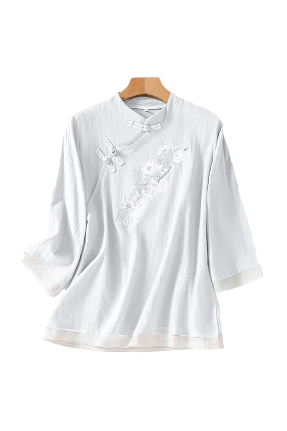 Button Down Shirt for Women Mandarin Collar Three Quarter Sleeve Vintage Chinese Style Blouse Floral Embroidery Traditional Zen Elegant Loose Fit Linen Texture Tops