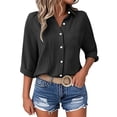 thumbnail image 1 of Xdegoge Button Down Shirts for Women Collared Neck Three Quarter Sleeve Casual Workwear Loose Fit Solid Textured Pattern Lightweight Flowy Summer Tops, 1 of 6