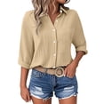 thumbnail image 1 of Xdegoge Button Down Shirts for Women Collared Neck Three Quarter Sleeve Casual Workwear Loose Fit Solid Textured Pattern Lightweight Flowy Summer Tops, 1 of 6