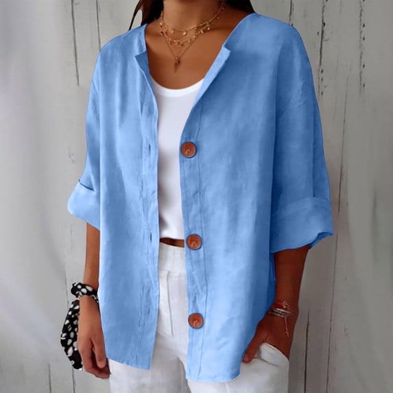 Xdegoge Button Down Shirts for Women Collarless V Neck Three Quarter Sleeve Casual Relaxed Everyday Wear Loose Fit Solid Linen Textured Breathable Summer Tops