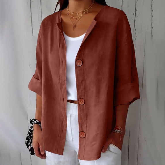 Xdegoge Button Down Shirts for Women Collarless V Neck Three Quarter Sleeve Casual Relaxed Everyday Wear Loose Fit Solid Linen Textured Breathable Summer Tops