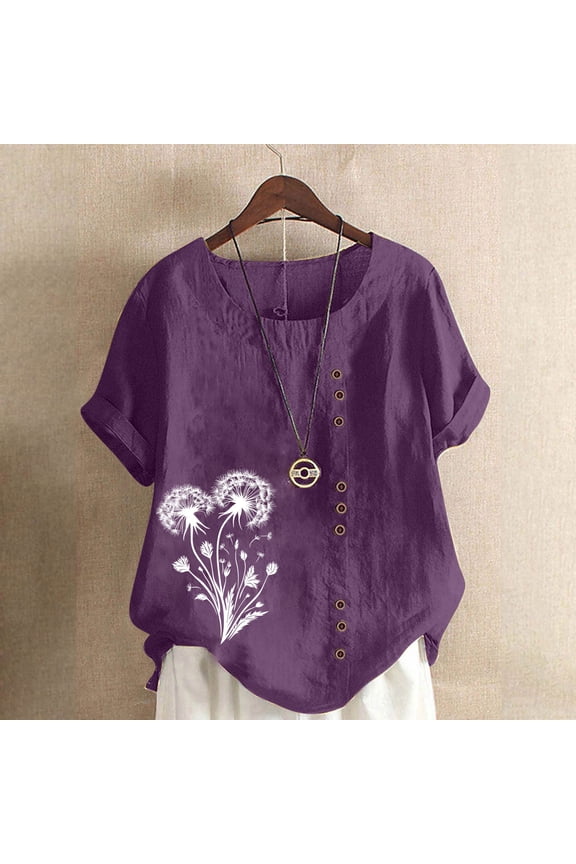 Linen Shirts for Women Short Sleeve Crewneck Shirts Casual Floral Summer Tops Oversized Cute Tshirts Beach Vacation Clothes Pullover Blouses Lounge Tunic Tees