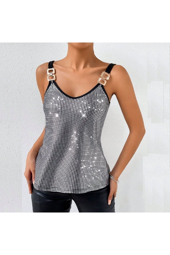 Camisole for Women V Neck Sleeveless Going Out Slim Fit Shimmering Sequin Metallic Grid Pattern Chain Link Strap Party Night Clubwear Summer Tank Tops