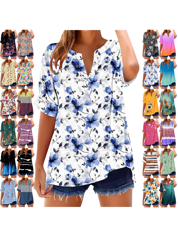 Short Sleeve Womens Tops Plus Size V Neck T Shirt Floral Printed Summer Tunic Tops Oversized Loose Fit Boho Blouses Mothers Day
