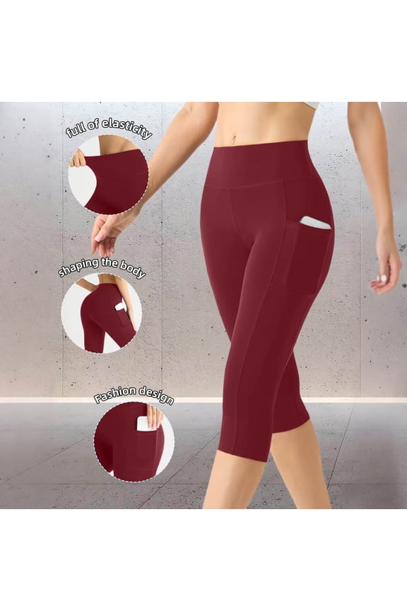 Capri Leggings with Side Pockets for Women High Waisted Tummy Control Yoga Cropped Pants Workout Running Athletic Gym Spandex Activewear Exercise Bottoms