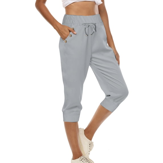Xdegoge Capri Pants for Women Petite High Waisted Leggings Drawstring Casual Summer Pants Athletic Workout Yoga Pants Stretch Buttons Solid Color Trousers with Pockets