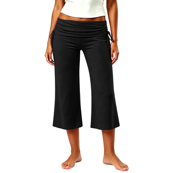 Xdegoge Capri Yoga Pants for Women Foldover Mid Rise Relaxed Fit with Side Drawstring Ties Stretch Athletic for Pilates Running Gym Activewear Cropped Workout Pants