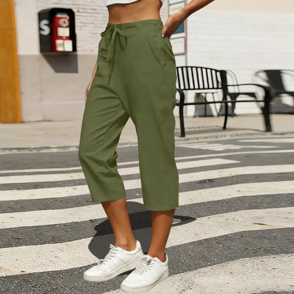 Xdegoge Capris for Women Straight Leg Cropped Pants Elastic Waist Drawstring with Side Pockets Cotton Blend Lightweight Summer Beach Casual Bottoms