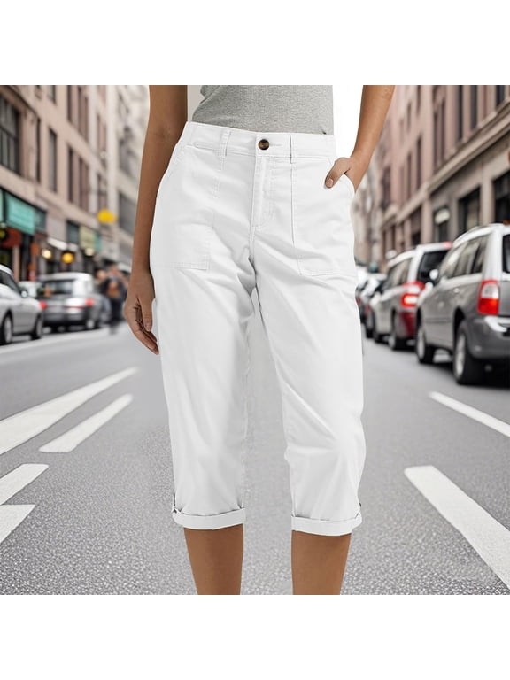 Capris for Women Straight Leg Cropped Pants Mid Rise Zipper Fly with Cargo Pockets Cuffed Hem Cotton Blend Work Hiking Casual Bottoms