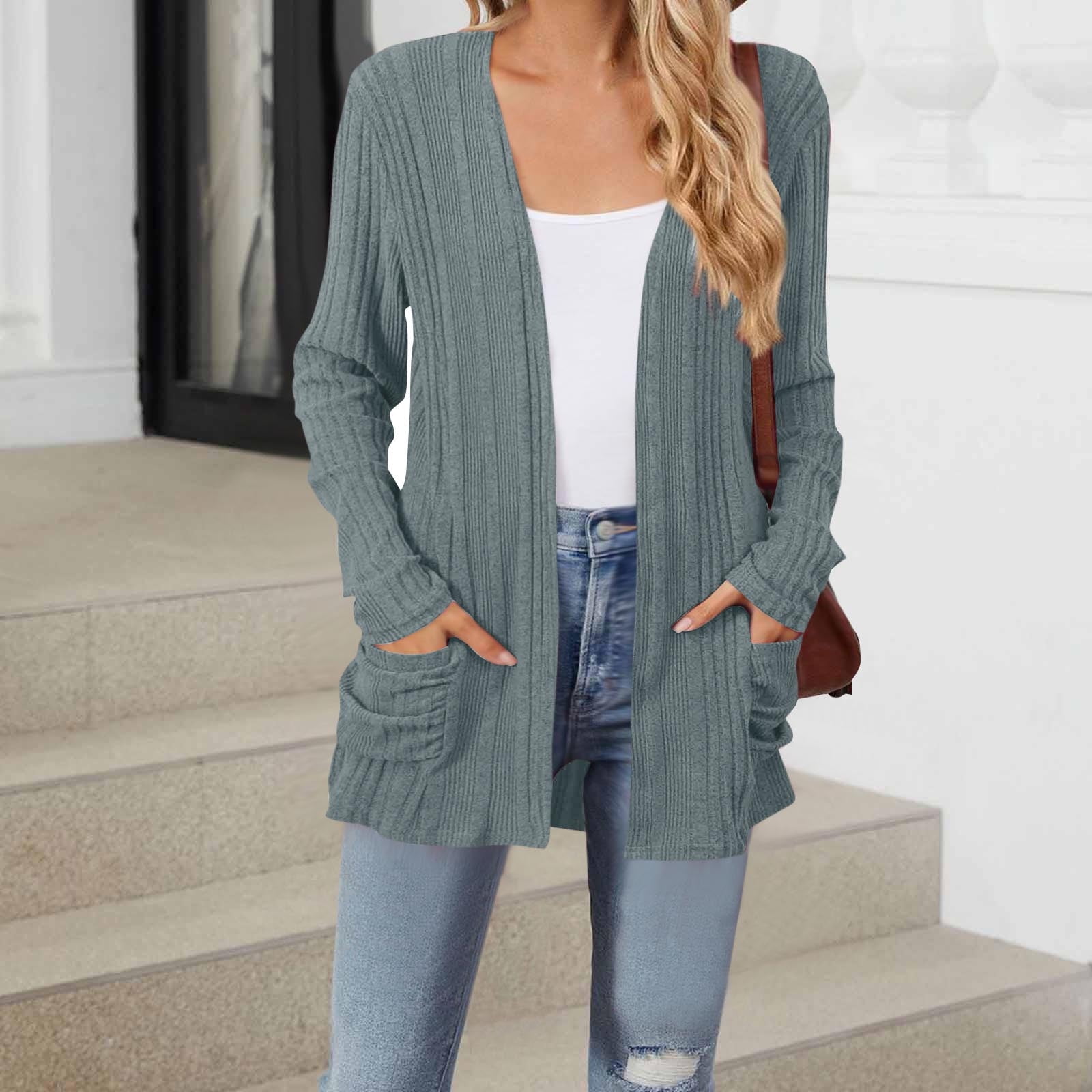 Maqroz Cardigan Sweaters for Women with Pockets Lightweight Open Front Thin Long Cardigans Fall Long Sleeve Knit Sweater with Pockets Casual Outerwear 2026 Blue M