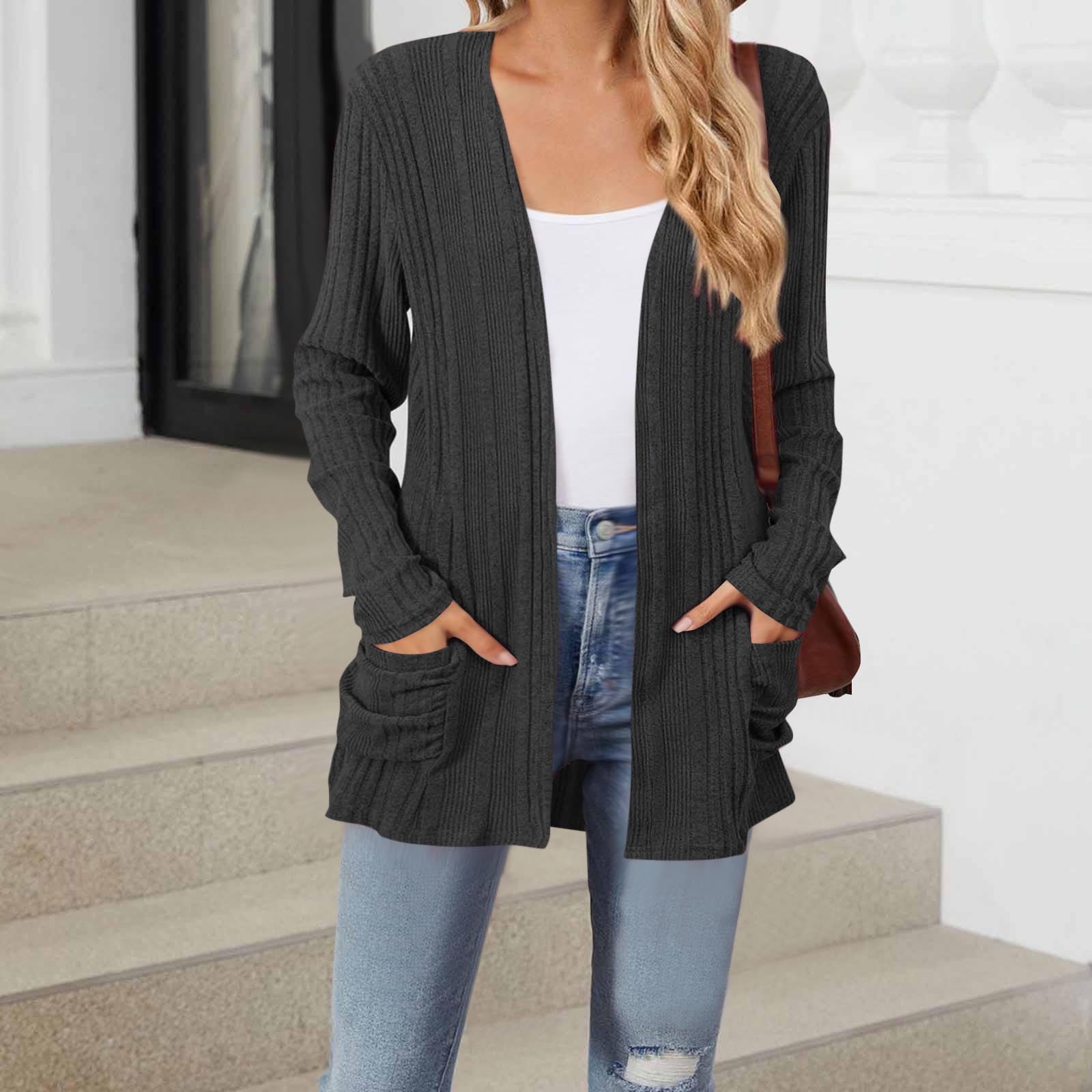 Maqroz Cardigan Sweaters for Women with Pockets Lightweight Open Front Thin Long Cardigans Fall Long Sleeve Knit Sweater with Pockets Casual Outerwear 2026 Dark Gray M