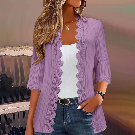 Xdegoge Cardigans for Women Open Front Three Quarter Sleeve Casual Dressy Slim Fit Solid Scalloped Lace Trim Ribbed Knit Lightweight Spring Outerwear
