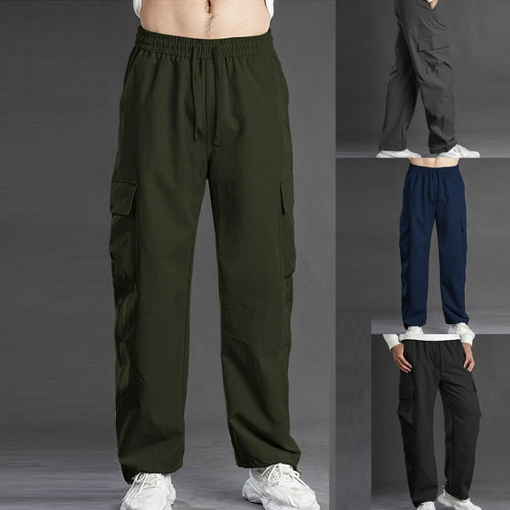 Xdegoge Cargo Pants for Men Elastic Drawstring Waist Straight Leg Pant Plus Size Casual Loose Sweatpant Fall Winter Outdoor Sport Sweatpants with Multi Pockets