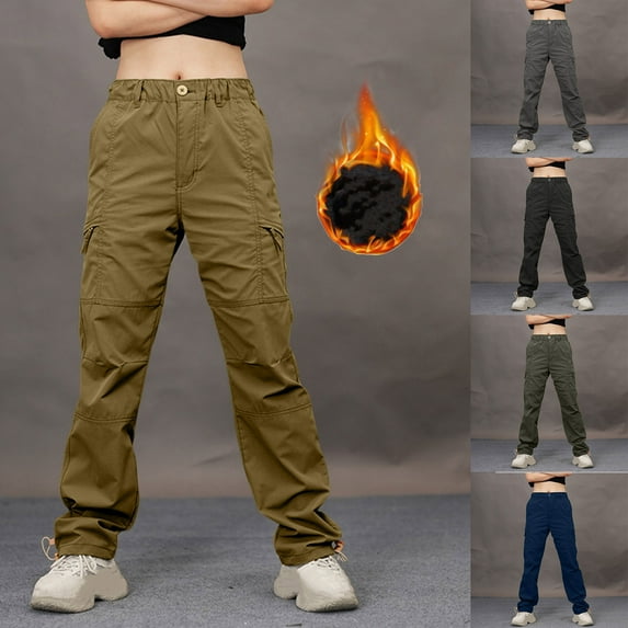 Xdegoge Cargo Pants for Men Women Unisex Plus Size Fleece Lined Elastic Waist Pant Straight Leg Windproof Waterproof Warm Trouser Outdoor Sport Bottoms with Multi Pockets