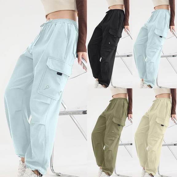 Xdegoge Cargo Pants Women Elastic Waist Straight Leg Pant Outdoor Waterproof Hiking Pants Causal Loose Drawstring Trouser Fall Winter Sport Soft Bottoms with Multi Pockets