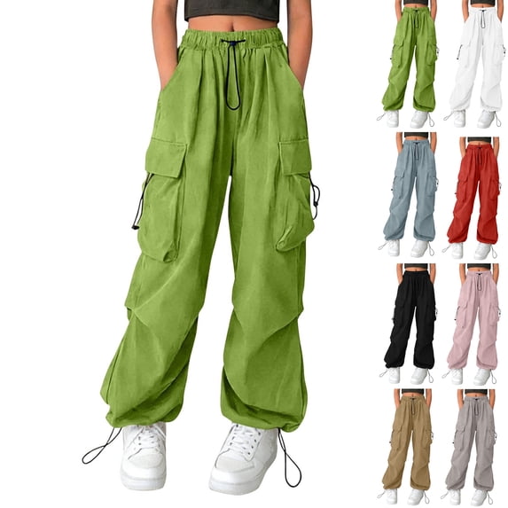 Xdegoge Cargo Pants for Girls Unisex High Elastic Waisted Drawstring Pant Baggy Lightweight Trousers Wide Leg Hip Hop Streetwear with Multi Pockets