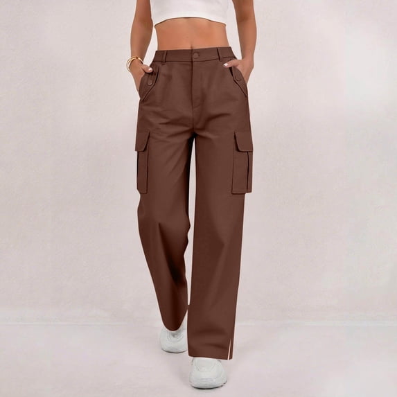 Xdegoge Cargo Pants for Women Straight Leg High Waisted Casual Trousers with Side Pockets Slit Hem Detail Y2K Streetwear Lounge Outdoor Everyday Wear