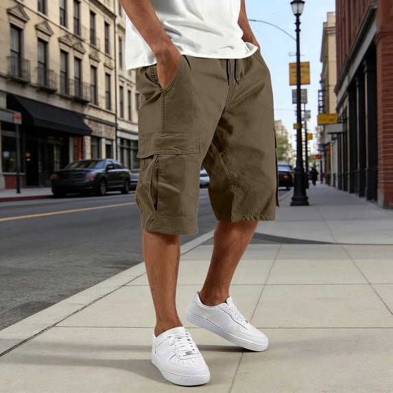 Xdegoge Cargo Shorts for Men Casual Summer Outdoor Relaxed Fit Shorts for Men Below Knee Length with Multi Pockets Elastic Waist Drawstring Lightweight Work Pants