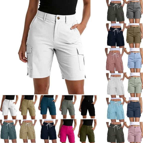 LEKWK Cargo Shorts for Women with Multiple Pockets High Waisted Button Front Bermuda Shorts Lightweight Cargo Pockets Straight Fit Outdoor Travel Bottoms Summer Wear Blue L