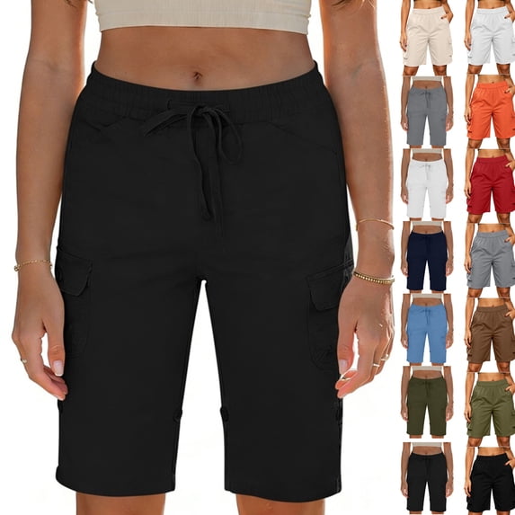 LEKWK Cargo Shorts for Women with Pockets Drawstring Elastic Waist Mid Rise Bermuda Shorts Lightweight Cargo Pockets Casual Summer Bottoms Outdoor Travel Wear Gray M
