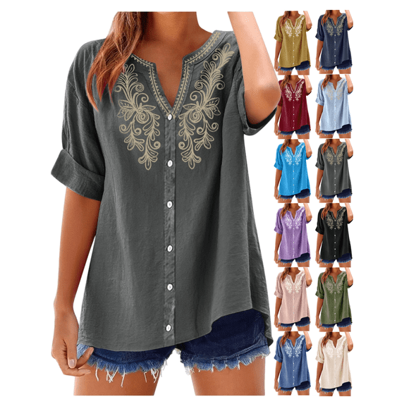 Xdegoge Casual Boho Women Short Sleeve Tunic Tops Cotton Linen V Neck Button Down Embroidered Shirts Flowy Loose Fit Summer Blouse Vacation Work Everyday Wear